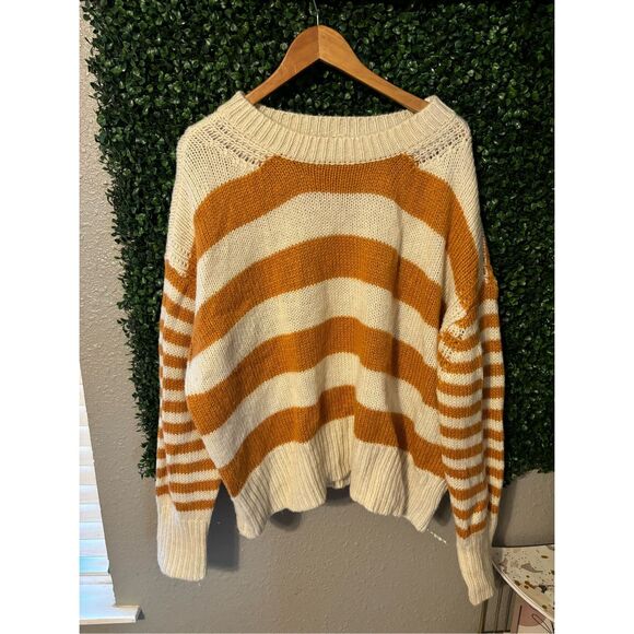 POL Chunky Knit Oversized Golden Brown Striped Turtleneck Sweater Size Medium - Picture 1 of 4